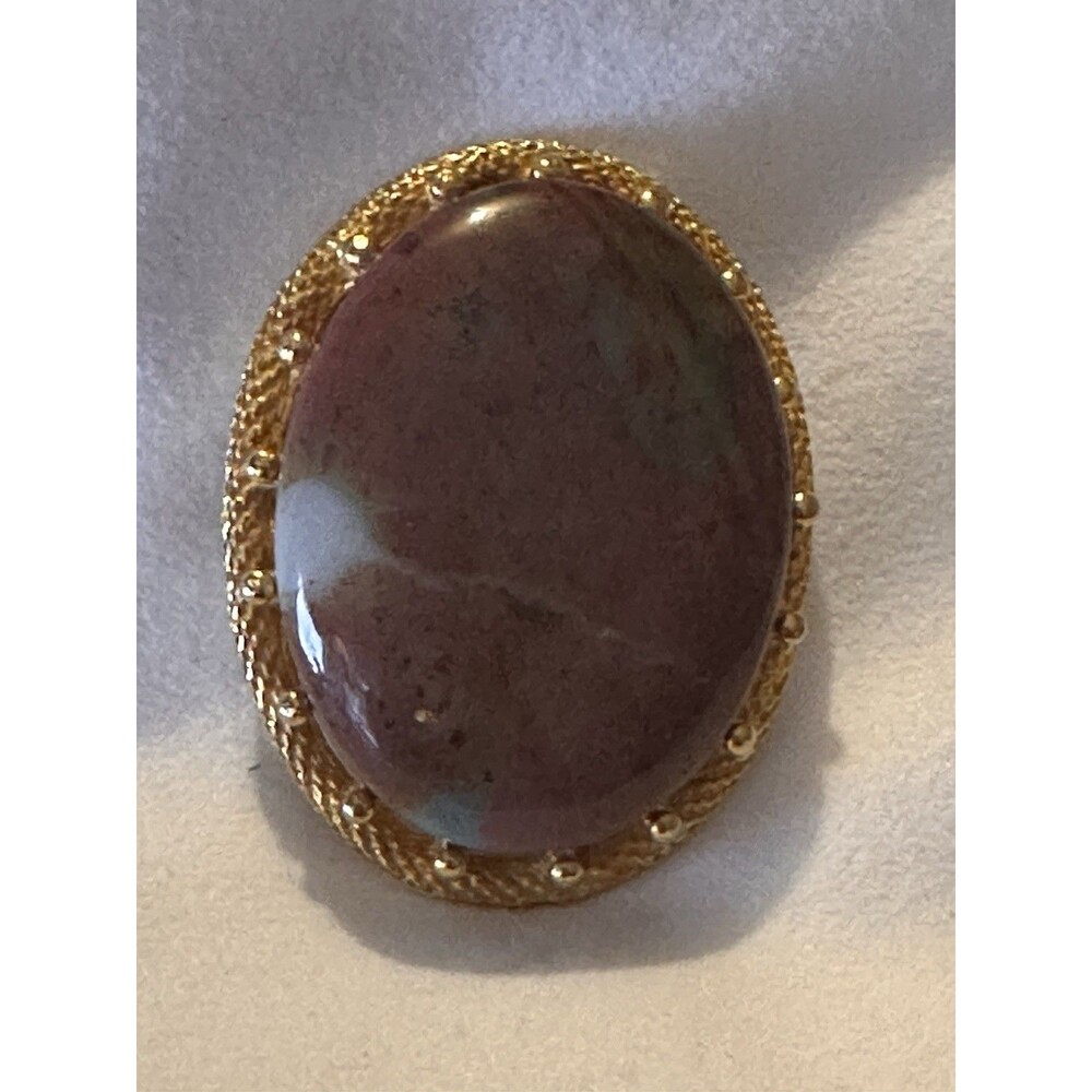 Vintage Jasper Stone Brooch Gold Tone Large Oval Cabochon Statement Pin - Picture 7 of 7